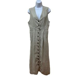 Vintage Linen High Slit Button Front Sleeveless Dress Retro Pin Up Rockabilly